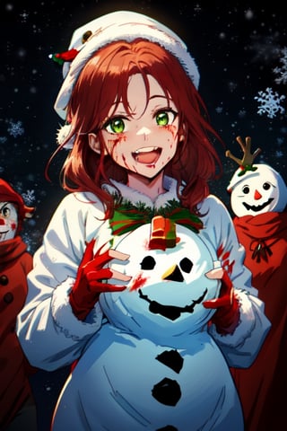 1girl, dark fantasy background terror Snowman , night, dark sky, red hair, green eyes, she has blood on the face,christmas necklace,wear christmas clothes,laughing madly, background are a terror Snowman looking at the camera,terror, dark magic, ,night