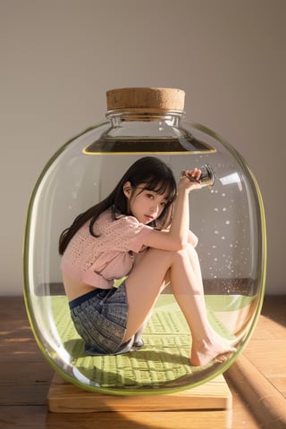 Best quality, masterpiece, ultra high res, (photorealistic:1.4),(zentangle:1.2),Tyndall Effect,vibrant color,1girl, ((Bend your knees and lie on your side in the empty bottle)), (anyachalotra:0.8), full body, short skirt, glass bottle is placed on the desk in the room, Detailedface,realhands,BROOM_STRADDLE_RIDING,phgls,JAR,pastelbg,perfect hand,isometric,Masterpiece.,Haka