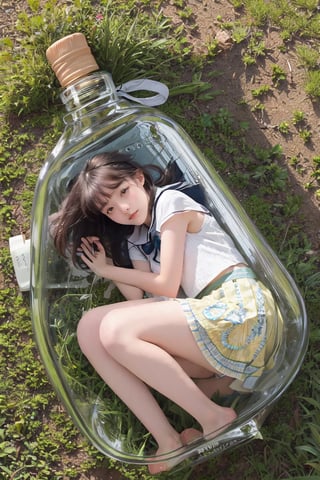Best quality, masterpiece, ultra high res, (photorealistic:1.4),(zentangle:1.2),Tyndall Effect,vibrant color,1girl, ((Bend your knees and lie on your side in the empty bottle)), (anyachalotra:0.8), full body, short skirt, glass bottle is placed on the grass in the garden, Detailedface,realhands,BROOM_STRADDLE_RIDING,phgls,JAR,pastelbg,perfect hand,isometric,Masterpiece.,Haka