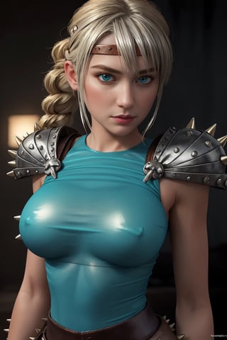 (masterpiece, best quality, ultra realistic, 8k:1.2), (high detailed skin:1.2), (large breasts:1.1), (muscular female:0.8), (leather headband, turquoise shirt, sleevless, silver metallic shoulder pads, spikes), (glow in the dark:1.1), blank background, Astrid Hofferson, blonde hair, braid, hair over left eye