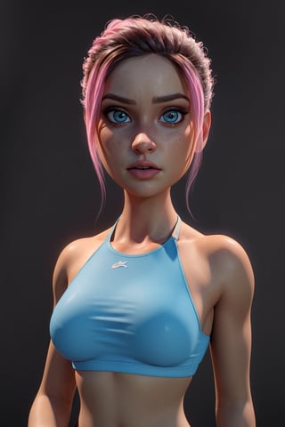 (ultra realistic, 32k, masterpiece:1.2), (high detailed skin:1.1), (8k, uhd, dslr, high quality:1.1), (BLUE SPORTS BRA), (muscular female:0.8), (huge breast:1.1), (looking at viewer, portrait:1.1), (glow in the dark:1.1), blank background, Brooklynn_Jurassic_Park