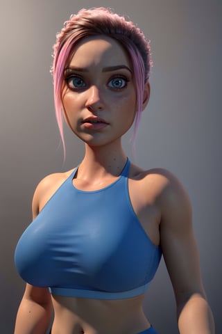 (ultra realistic, 32k, masterpiece:1.2), (high detailed skin:1.1), (uhd, dslr, high quality:1.1), (BLUE SPORTS BRA), (muscular female:0.8), (huge breast:1.1), (looking at viewer, portrait:1.1), (glow in the dark:1.1), blank background, Brooklynn_Jurassic_Park