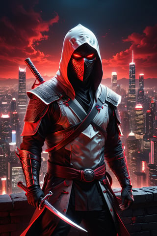 ((masterpiece)), ((best quality)), (((photo Realistic))), A captivating dark fantasy illustration featuring a mysterious ninja assassin dressed in pristine white with neon red detailing. The ninja stands defiantly on a rooftop, silhouetted against the moonlit sky, creating a stark contrast between the light and dark elements. The city skyline looms in the background, adding depth to the scene. The ninja wears a dark red mask and a white hood, his neon red eyes glowing menacingly. He grips two menacing swords in each hand, ready for action. The atmosphere is intense and mysterious, with a palpable sense of danger and suspense permeating the entire scene. The vibrant architecture and the ninja's striking appearance create a vivid and immersive experience for the viewer, plunging them into the heart of this dark fantasy world., vibrant, dark fantasy, ,LegendDarkFantasy,glitter,concept art