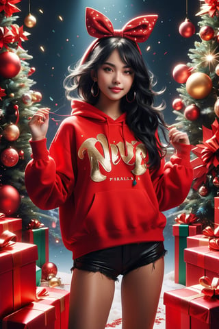 full body:1.2, ((masterpiece)), ((best quality)), (((photo Realistic))), A stunning, innovative anime-style rendering of a young alluring woman exuding playful energy, with a radiant smile that lights up her face. She has long, cascading black hair with blonde highlights, and wears a stylish red hoodie emblazoned with "Nhayla U Alim." A pearl-adorned bow atop her head adds a touch of elegance. The festive Christmas setting is filled with gifts and joyful decorations, creating a whimsical atmosphere. Her outfit fuses fashion and nature, standing out against the vibrant backdrop. The artwork, boasting a cinematic, poster-like quality, showcases exceptional typography and exemplifies contemporary fashion design. This photographic masterpiece, a fusion of photography, illustration, painting, and anime, captivates viewers with its multi-dimensional, immersive experience. It is a perfect representation of modern artistry, 