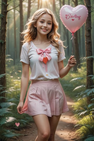 ((masterpiece)), ((best quality)), (((photo Realistic))), A mesmerizing high-resolution photograph of a seductive young girl. A stunning, vibrant 3D anime-inspired portrait of a radiantly happy woman in a summer forest. She has long, flowing blonde hair and is dressed in a white t-shirt featuring a pink heart, a pink miniskirt, white socks with pink ribbons, and pink high heels. The woman is smiling warmly while holding a white heart balloon with the name " My Darling " and threads in her hand. The sun is setting in the background, casting a golden light on the lush forest, enveloping the scene in a warm, summer glow. The image is presented as a high-quality, photo-realistic poster that captures the essence of joy and love.,cute,cutegirlmix