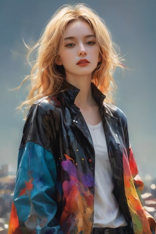 (Masterpiece, Top Quality, Best Quality, Official Art, Beauty & Aesthetics: 1.2), hdr, high contrast, (Masterpiece, Top Quality, Best Quality, Official Art, Beauty & Aesthetics: 1.2), hdr, high contrast, A stunning minimalist watercolor portrait of a woman with blonde hair, sporting a neutral expression. She is adorned with a vibrant, multicolored ink explosion cloak that cascades into an ink painting around her. The cloak, a blend of ink explosion and multi-colored elements, adds a dynamic and textured appearance. The woman wears a simple beige turtleneck sweater and black shorts beneath the cloak. The background is a plain white canvas, allowing the viewer to fully appreciate the intricate details and rich colors of the subject and her garments.,epicDiP,dripping paint,xxmix_girl