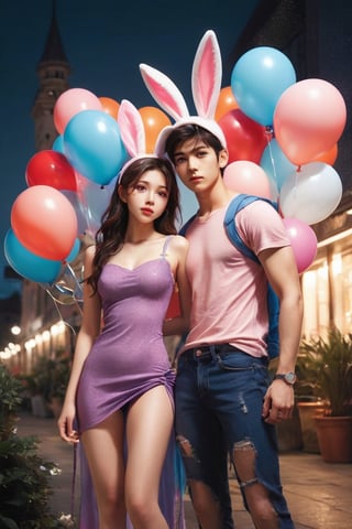 ((masterpiece)), ((best quality)), (((photo Realistic))), A playful anime illustration featuring two young, attractive girl teasing their boy friend. The young women, dressed in revealing and vibrant outfits, stand on either side of the male character, who is amused and slightly embarrassed. Their outfits are adorned with bunny ears, as if they are part of a bunny costume. The background is filled with playful elements such as hearts, balloons, and confetti. The overall atmosphere is lighthearted and fun.,score_9