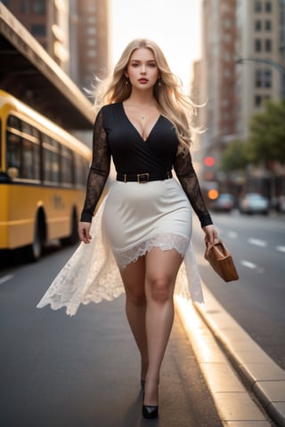 A stunning, high-definition photo, featuring a beautiful fit young woman, curvy, thicc, svelte dynamic action figure. An exquisitely detailed, ultra-realistic photograph of a stunning blonde woman effortlessly skating on a city street. She wears translucent white stockings adorned with delicate lace, a flowing white skirt, and a sleek black blouse with a plunging V-neck. Her arms wrap around the handle of a vintage trolley bus, her eyes glowing with a captivating warmth. The golden hue of the setting sun bathes her face in a soft, ethereal light, enhancing the dreamlike atmosphere. As she gracefully glides past the blurred backdrop of the urban landscape, the image seamlessly merges reality and imagination, creating an enchanting blend of city life and whimsical fantasy.