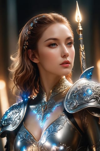 ((masterpiece)), ((best quality)), (((photo Realistic))), (portrait photo), (8k, RAW photo, best quality, masterpiece:1.2), (realistic, photo-realistic:1.3), A highly detailed and intricate female warrior with flowing golden hair that seems to be ablaze, giving off an intense, fiery glow. She is adorned in intricately sexy designed mesh-silver armor, which reflects light and has ornate patterns. The armor covers her entire body, including her arms, chest, and legs. She stands confidently In front of her, she clutches a shiny sharp spear in the form of a trident in her hand, exuding an aura of strength and determination. The background is dark, emphasizing the luminosity of her hair and the shine of her armor. She has long eyelashes and a beautiful face with sharp features. 30-megapixel, Canon EOS 5D Mark IV DSLR, 85mm lens, sharp focus, long exposure time, f/8, ISO 100, shutter speed 1/125, diffuse backlighting, fashion, cinematic, dark fantasy, portrait photography, ,xxmixgirl