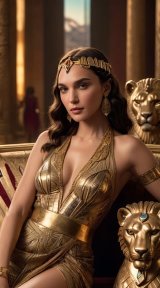 A captivating movie scene of the enigmatic Egyptian princess Cleopatra acted by gal gadot, elegantly seated on an ornate royal sofa adorned with intricate patterns. She wears revealing clothing embellished with gold and jewels, exuding an air of sophistication and power. Cleopatra is positioned between a majestic lion and a lioness, her arms gently wrapped around the beasts, displaying her command over the fierce creatures. The background is a lavish Egyptian throne room, filled with rich tapestries and exquisite architecture, casting a golden hue over the scene. The detailed, realistic portrayal of the characters and setting makes this an exquisite masterpiece.,cinematic style,xxmix_girl