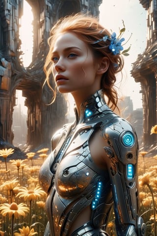 ((masterpiece)), ((best quality)), (((photo Realistic))), A mesmerizing ultra-high-definition image of a stunning cyborg young woman in a dreamlike, futuristic world. She gracefully bends down to pick the last remaining white flower amidst the ruins of a post-apocalyptic landscape. The cyborg's transparent glass body contrasts beautifully with the vibrant, ethereal flower, symbolizing hope in a desolate environment. The masterful use of light and shadows creates a mesmerizing atmosphere, while the impeccable composition and realistic representation make this a stunning  movie still.,cyborg,glitter