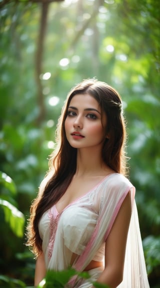 A sensual attractive young woman standing amidst a lush green forest. She has long flowing hair and fair skin. She is draped in a translucent wet white saree with a pink border, and her wet hair cascades down her back. She holds a large, dark-colored pot in her hand, from which water is dripping. The background is filled with dense foliage, and the sunlight filters through, creating a serene and mystical ambiance., portrait photography, conceptual art, cinematic,cinematic style