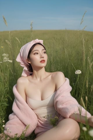 (Best quality, 8k, 32k, Masterpiece, photorealism, UHD:1.2). A charming alluring woman dressed in a open swimsuit and headscarf, gracefully lying in the middle of a lush field of wildflowers. She holds a smartphone in her hand and takes a selfie. A pink blanket underneath, as well as a picnic basket decorated with flowers, give this scene a touch of elegance and mystery. In the background, Young men dressed in summer shorts of different colors are depicted admiring a woman and looking at her from the tall grass, swaying in the wind, which creates a serene, idyllic atmosphere. The overall composition is a perfect combination of fashion, illustration and cinematic elements., cinematography, painting, illustration, fashion, portrait photography