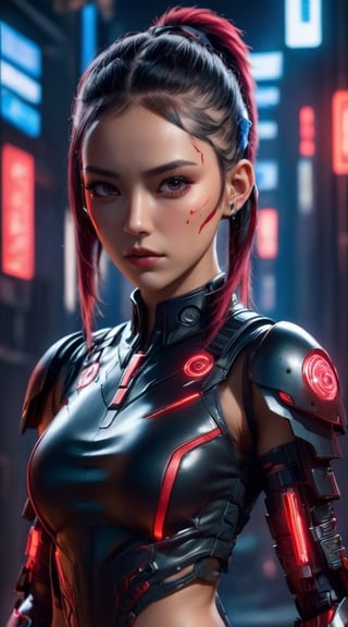 A captivating anime-inspired portrait of a stylish and mysterious Latin American cybersoldier set in a futuristic cyberpunk world. The enigmatic warrior features bright, braided pigtails and wears intricate black and red armor adorned with battle marks. Her sleek helmet obscures her face, exuding an aura of mystique and intimidation. Wielding a plasma sword that emits intense fire, she embodies power and grace. Her striking features, sharp facial expressions, and muscular arms reveal her determination, depth, strength, and resilience. The glowing bio-organics on her shoulder hint at advanced technologies. The muted background accentuates her captivating presence, creating an alluring and fashion-forward cyberpunk masterpiece with a touch of cinematic flair.,cyberpunk style