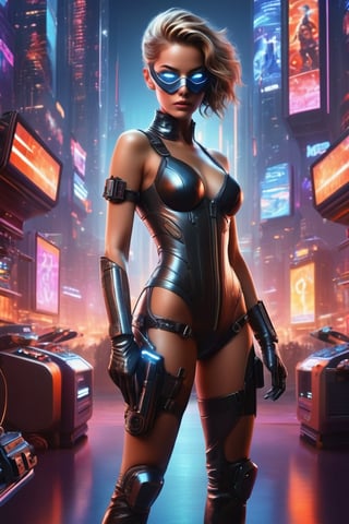 full body:1.2, ((masterpiece)), ((best quality)), (((photo Realistic))), A striking portrait of a young svelte woman standing against a glowing background adorned with futuristic gleaming gadgets. A stunning, ultra-high-definition movie poster for the action-packed film 'Is Gaming'. A fierce female protagonist is front and center, dressed in a tight, black leather outfit, complete with gloves and boots. Her hair is tied back, and she wears a face mask that covers her eyes. She holds a remote control in one hand and a large pistol in the other. The background features a futuristic, neon-lit cityscape with skyscrapers and a holographic advertisement of the game. The overall atmosphere is intense and electrifying., poster,glitter