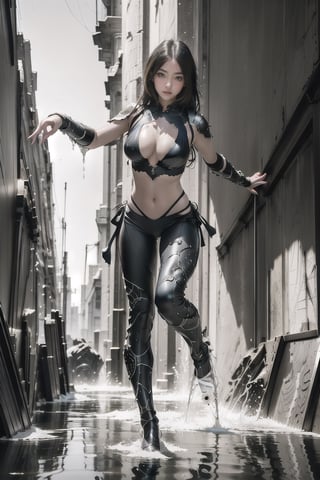 1girl, 8k, intricate, elegant, highly detailed, majestic, digital photography, broken glass effect, (masterpiece,sidelighting, finely detailed beautiful eyes: 1.3), hdr, full_body, magic dagger, water binder, bikini armor suit,large breasts,fantasy girl at dynamic parkour action,seductive pose,Realism,very realistic,delicate perfect fingers,manga background