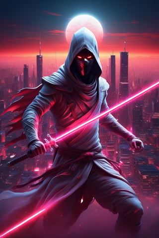 ((masterpiece)), ((best quality)), (((photo Realistic))), A captivating dark fantasy illustration featuring a mysterious ninja assassin dressed in pristine white suit with neon red glowing detailing. The ninja stands defiantly on a rooftop, silhouetted against the moonlit sky, creating a stark contrast between the light and dark elements. The city skyline looms in the background, adding depth to the scene. The ninja wears a dark red mask and a white hood, his neon red eyes glowing menacingly. He grips two menacing swords in each hand, ready for action. The atmosphere is intense and mysterious, with a palpable sense of danger and suspense permeating the entire scene. The vibrant architecture and the ninja's striking appearance create a vivid and immersive experience for the viewer, plunging them into the heart of this dark fantasy world., vibrant, dark fantasy, ,LegendDarkFantasy,glitter