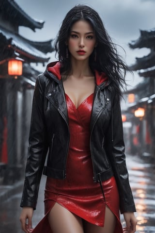 A captivating, fantasy portrait of a confident woman standing tall in the rain, exuding an enigmatic aura. She dons a black leather jacket, a red dress, and high black boots, with dark eyes and flowing loose black hair cascading down the left side of the canvas ink splash art piece featuring a strong female figure clad in a fiery red dress and a black hooded leather jacket. The contours of her face and body are boldly defined by expressive, sharply etched strokes, creating a striking contrast to her vibrant attire. The background is a whirlwind of turbulent energy, with a stormy sky and sea displaying stark lines and vivid hues. Waves crash dramatically against the shore, and the woman stands unwavering, embodying resilience, determination, and inner strength amidst the chaotic environment, ukiyo-e, dark fantasy, cinematic, poster, painting, photo, architecture, product, wildlife photography, typography, 3d render, illustration, vibrant, anime, conceptual art, graffiti, fashion, portrait photography.