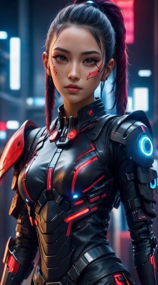 A captivating anime-inspired portrait of a stylish and mysterious Latin American cybersoldier set in a futuristic cyberpunk world. The enigmatic warrior features bright, braided pigtails and wears intricate black and red armor adorned with battle marks. Her sleek helmet obscures her face, exuding an aura of mystique and intimidation. Wielding a plasma sword that emits intense fire, she embodies power and grace. Her striking features, sharp facial expressions, and muscular arms reveal her determination, depth, strength, and resilience. The glowing bio-organics on her shoulder hint at advanced technologies. The muted background accentuates her captivating presence, creating an alluring and fashion-forward cyberpunk masterpiece with a touch of cinematic flair.,cyberpunk style
