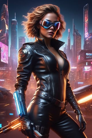 full body:1.2, ((masterpiece)), ((best quality)), (((photo Realistic))), A striking portrait of a young svelte woman standing against a glowing background adorned with futuristic gleaming gadgets. A stunning, ultra-high-definition movie poster for the action-packed film 'Is Gaming'. A fierce female protagonist is front and center, dressed in a tight, black leather outfit, complete with gloves and boots. Her hair is tied back, and she wears a face mask that covers her eyes. She holds a remote control in one hand and a large pistol in the other. The background features a futuristic, neon-lit cityscape with skyscrapers and a holographic advertisement of the game. The overall atmosphere is intense and electrifying., poster,glitter