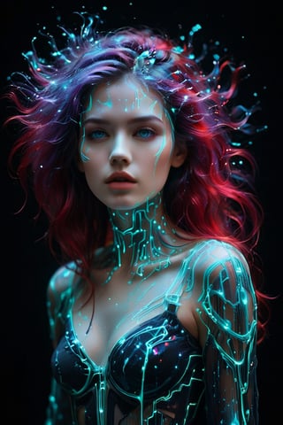 A young alluring woman. A mesmerizing and abstract piece of art where a svelte woman's hair disintegrates and disperses into countless translucent, luminescent cubes of violet, turquoise, and red. The background is a deep, velvety black, emphasizing the vibrant colors of the disintegrating hair. The piece exudes a surreal and ethereal atmosphere, as if the willowy woman's essence is transforming into a dreamlike state.,neon style,glowing-neon-colour-clothing,glowing,mad-cyberspace