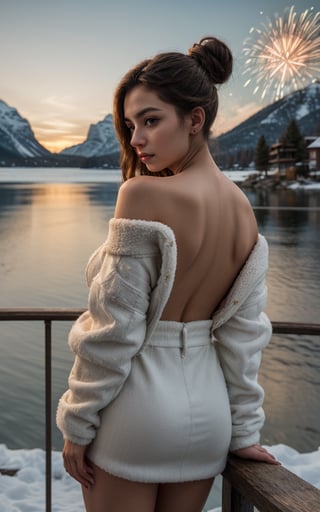 RAW photo featuring a stunning pretty girl with long brown hair tied in a bun, wearing a massive white off-the-shoulder fur jacket that barely covers her natural beautiful back. The 16K HDR image is set against a breathtaking backdrop of a lake at sunset, with fireworks exploding over snow-capped mountains. Cinematic sidelighting creates a warm tone, highlighting her divine presence as she leans over the railing, lost in thought. Iridescent scales on her body reflect vibrant colors, as if shards of glass have shattered around her.
