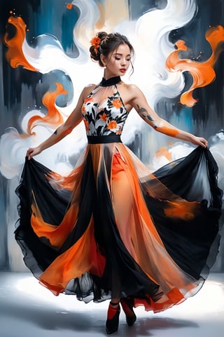 ((masterpiece)), ((best quality)), (((photo Realistic))), (portrait photo), (8k, RAW photo, best quality, masterpiece:1.2), (realistic, photo-realistic:1.3), An artistic portrayal of a woman, seemingly in a dance pose. She wears a vibrant transparent orange and black dress, with the top having a high neckline and the skirt flowing gracefully. Her hair is styled in an elaborate updo adorned with red flowers. The background is abstract, with splashes of orange, black, and white, giving the impression of a dynamic and fiery ambiance.,oil paint 