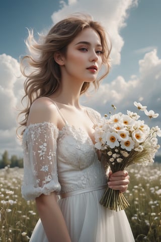 full body:1.2, ((masterpiece)), ((best quality)), (((photo Realistic))), A captivating image featuring an enchanting, ethereal young alluring woman in a breathtaking white wedding dress. She is gracefully floating among fluffy clouds while holding a delicate bouquet of anemones. Her shy, yet radiant smile conveys an air of happiness and mystery, blending elements of cinematic fashion and conceptual art. The soft, marked brushstrokes create a dreamlike atmosphere that envelops the viewer in this magical moment.
