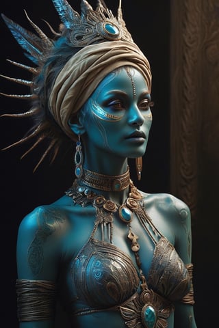 full body:1.2, ((masterpiece)), ((best quality)), (((photo Realistic))), A stunning movie still portrait of a young alluring alien female humanoid exuding playful energy, with a radiant smile that lights up her face. A fantasy portrait of a mystical female figure with deep blue skin adorned with golden and turquoise textures, resembling tribal patterns. Her hauntingly vibrant yellow eyes should pierce through the dimly lit, smoky background. This enigmatic figure made by the artist Paola Salomé, dons a weathered teal turban, with strands of wispy white hair escaping at the edges. Her presence is emphasized by the mystical, ornate staff she grips firmly in her right hand, looming tall and crafted from ancient, corroded metal with an eerie glow. She wears a tattered, earth-toned robe draped over her slender form. The ominous atmosphere is amplified by a subtle glow, suggesting unseen powers at play. The overall composition should evoke an air of dark sorcery and enigmatic wisdom.