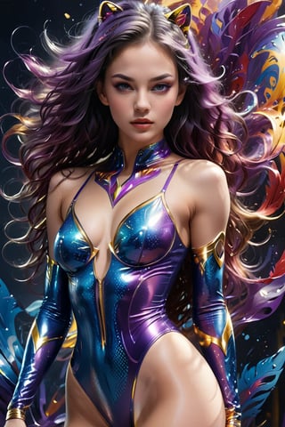 ((masterpiece)), ((best quality)), (((photo Realistic))), A mesmerizing high-resolution photograph of a seductive young girl. A captivating Portuguese rhythmic gymnast dressed in a striking sexy suit, A stunning illustration of a feline-inspired female superhero, exuding confidence and strength. She has long,purple- white hair and a captivating gaze, accentuated by her pointed ears and a sleek, flowing tail. Clad in a shimmering blue bodysuit with blue highlights, she stands tall with one hand on her hip and the other on her waist, asserting her presence. The vibrant background bursts with swirling patterns of colors - blue, purple,red , and yellow - creating an atmosphere of energy and power.