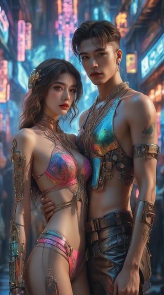 An allring scene of a gorgeous embraced couple. A spectacular cyberpunk-inspired fashion show image, featuring a captivating woman-cyborg in a neon bikini, tenderly cradling a masculine brunette handsome man-cyborg. The woman's mesmerizing, neon rainbow tattoo is adorned with glowing hieroglyphic patterns, while the atmosphere is filled with hyper-realistic, hyper-detailed biomechanical filigree details reminiscent of Jan Saudek's artistic style. The fashion show unveils breathtaking designs, seamlessly blending haute couture, art nouveau embroidery, and steampunk-inspired armor. This unique blend of cinematic, portrait, wildlife photography, painting, illustration, and photo art pays homage to Alexander McQueen's elegance, offering an otherworldly display of beauty and artistry. The image, wildlife photography, vibrant, cinematic, photo, portrait photography, painting, illustration,mad-cyberspace,night city,cyber,neon style,simple background,hubggirl