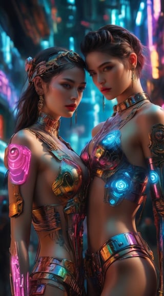 An allring scene of a gorgeous embraced couple. A spectacular cyberpunk-inspired fashion show image, featuring a captivating woman-cyborg in a neon bikini, tenderly cradling a masculine brunette handsome man-cyborg. The woman's mesmerizing, neon rainbow tattoo is adorned with glowing hieroglyphic patterns, while the atmosphere is filled with hyper-realistic, hyper-detailed biomechanical filigree details reminiscent of Jan Saudek's artistic style. The fashion show unveils breathtaking designs, seamlessly blending haute couture, art nouveau embroidery, and steampunk-inspired armor. This unique blend of cinematic, portrait, wildlife photography, painting, illustration, and photo art pays homage to Alexander McQueen's elegance, offering an otherworldly display of beauty and artistry. The image, wildlife photography, vibrant, cinematic, photo, portrait photography, painting, illustration,mad-cyberspace,night city,cyber,neon style