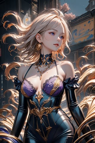 A stunning full body portrait photo of an alluring and charming blonde komoe from Namiuchigiwa no Muromi-san. Her enchanting smile draws the viewer in, while her alluring attire, including a lacy deep neckline top and strings with suspended belt, exudes elegance and sophistication. Gold earrings and a necklace adorn her, adding a touch of refinement.

The background showcases a mesmerizing, abstract swirl of deep blues and purples, creating a dynamic and energetic atmosphere that contrasts with the subject's poised demeanor. This exquisite blend of painting-like qualities, fashion, conceptual art, and photography exemplifies the artistry and innovation within this striking image. A masterpiece of conceptual art, cinematic portraiture, and photography, this 3D render stands as a testament to the creative prowess of, anime, vibrant, painting, fashion, photo, 3d render, graffiti, cinematic, conceptual art, portrait photography, illustration,better photography,mad-cyberspace