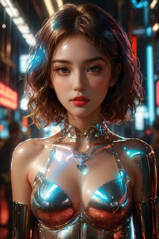 ((masterpiece)), ((best quality)), (((photo Realistic))), (portrait photo), (8k, RAW photo, best quality, masterpiece:1.2), (realistic, photo-realistic:1.3), ultra-detailed. A sexy woman is standing in front of gleaming light, wearing glossy transparent plastic futuristic clothes with eco friendly design, hollow heart shpae cut made with a few material, sharp focus, complex, highly detailed, short hair, cinematic, neon lights, candid, true colors, creative, innocent, perfect, beautiful, elegant, intricate, confident, dynamic, volumetric lighting, cinematic angle, glamour lighting vibrant,