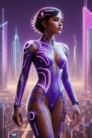 full body:1.2, ((masterpiece)), ((best quality)), (((photo Realistic))), A striking portrait of a young svelte woman looking back against a glowing background adorned with futuristic gleaming gadgets. A stunning anime-inspired fashion illustration featuring a girl wearing a vibrant, neon purple dress. The dress is adorned with intricate patterns and glowing accents, creating a mesmerizing effect. The background showcases a futuristic, neon-lit cityscape with towering, architecturally unique buildings and a glowing city skyline. The overall atmosphere of the image is energetic and vibrant, reflecting the bold fashion and futuristic setting., vibrant, fashion, anime, architecture