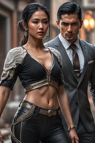 ((masterpiece)), ((best quality)), (((photo Realistic))), Gorgeous, beautiful, handsome, stylish Assassin Couple, back to back, fighting to each other, modern tight sexy clothes, young, mysterious Asian-indian faces, black hair, dynamic kicking pose, ultra intricate, extra-detailed, high resolution, high detail, high complexity, hdr resolution, extremely detailed, 8k, unreal engine, dynamic pose, two-piece crochet outfit, tie wear, gleaming magical daggers, casting powerful tricky move, ethereal form, very realistic
