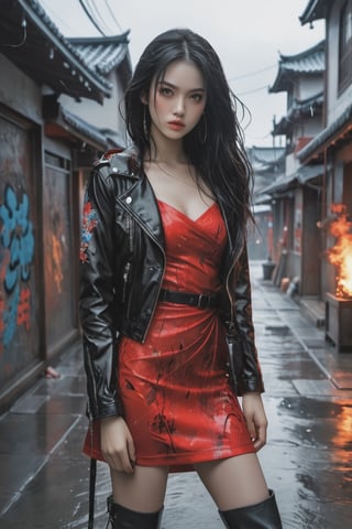 A captivating, fantasy portrait of a confident woman standing tall in the rain, exuding an enigmatic aura. She dons a black leather jacket, a red dress, and high black boots, with dark eyes and flowing loose black hair cascading down the left side of the canvas ink splash art piece featuring a strong female figure clad in a fiery red dress and a black hooded leather jacket. The contours of her face and body are boldly defined by expressive, sharply etched strokes, creating a striking contrast to her vibrant attire. The background is a whirlwind of turbulent energy, with a stormy sky and sea displaying stark lines and vivid hues. Waves crash dramatically against the shore, and the woman stands unwavering, embodying resilience, determination, and inner strength amidst the chaotic environment, ukiyo-e, dark fantasy, cinematic, poster, painting, photo, architecture, product, wildlife photography, typography, 3d render, illustration, vibrant, anime, conceptual art, graffiti, fashion, portrait photography.