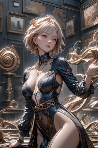 A stunning full body portrait photo of an alluring and charming blonde komoe from Namiuchigiwa no Muromi-san. Her enchanting smile draws the viewer in, while her alluring attire, including a lacy deep neckline top and strings with suspended belt, exudes elegance and sophistication. Gold earrings and a necklace adorn her, adding a touch of refinement.

The background showcases a mesmerizing, abstract swirl of deep blues and purples, creating a dynamic and energetic atmosphere that contrasts with the subject's poised demeanor. This exquisite blend of painting-like qualities, fashion, conceptual art, and photography exemplifies the artistry and innovation within this striking image. A masterpiece of conceptual art, cinematic portraiture, and photography, this 3D render stands as a testament to the creative prowess of, anime, vibrant, painting, fashion, photo, 3d render, graffiti, cinematic, conceptual art, portrait photography, illustration,better photography,mad-cyberspace