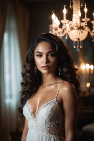 A breathtaking portrait photo of a fit young woman. A sultry, alluring goddess with a captivating smile, dressed in a revealing, lace-trimmed white dress. She has a playful sparkle in her eye, and her long, flowing hair is styled in loose waves. The background is a dimly lit, vintage-style well-lit room with a chandelier and a velvet curtain, creating an atmosphere of mystery and seduction.