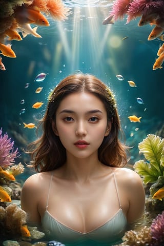 ((masterpiece)), ((best quality)), (((photo Realistic))), (3/4 portrait photo, low angle view:1.2), (8k, RAW photo, best quality, masterpiece:1.2), (realistic, photo-realistic:1.3), ultra-detailed, full body. A mesmerizing cinematic photograph of a radiant young woman. A young woman swims underwater in a crystal clear river, surrounded by colorful fish and aquatic plants. The sun's rays penetrate the water, creating a magical play of light and shadow. The woman's facial expression shows a mixture of calm and longing as she dives deeper into the underwater world, searching for inner peace and a sense of belonging.,photo r3al
