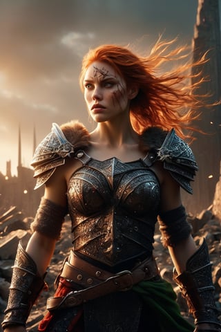 ((masterpiece)), ((best quality)), (((photo Realistic))), (seductive:1.3), Epic live-action movie still. A breathtaking high-resolution full body portrait of a powerful Viking female warrior, a titan amidst the ruins of a fallen city. The dynamic low-angle view focuses on the glowing colossal battle-axe breaking the screen of the viewer. The remnants of skyscrapers surround her, a somber reminder of the battles she has fought and won. Her armor, a stunning combination of blackened steel and scarlet accents, clings to her muscular form like a second skin, each plate a symbol of her unyielding strength. Her gauntlets, adorned with razor-sharp claws, bear the stains of past victories. Her fiery red hair dances wildly in the relentless wind, framing her weathered and determined face, where her blazing green eyes burn with an unquenchable fire. In her grasp, she holds a colossal battle-axe, its gleaming blade radiating a deadly light. ,glitter