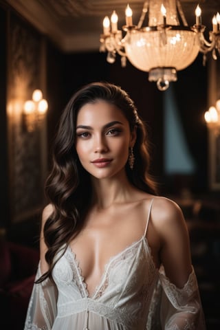 A breathtaking portrait photo of a fit young woman. A sultry, alluring goddess with a captivating smile, dressed in a revealing, lace-trimmed white dress. She has a playful sparkle in her eye, fair pale skin and her long, flowing hair is styled in loose waves. The background is a dimly lit, vintage-style well-lit luxury room with a chandelier and a velvet curtain, creating an atmosphere of mystery and seduction.