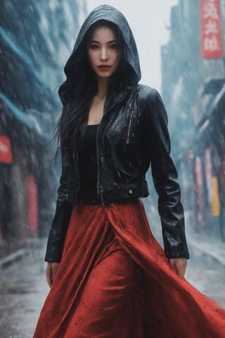 A captivating, fantasy portrait of a confident woman standing tall in the rain, exuding an enigmatic aura. She dons a black leather jacket, a red dress, and high black boots, with dark eyes and flowing loose black hair cascading down the left side of the canvas ink splash art piece featuring a strong female figure clad in a fiery red dress and a black hooded leather jacket. The contours of her face and body are boldly defined by expressive, sharply etched strokes, creating a striking contrast to her vibrant attire. The background is a whirlwind of turbulent energy, with a stormy sky and sea displaying stark lines and vivid hues. Waves crash dramatically against the shore, and the woman stands unwavering, embodying resilience, determination, and inner strength amidst the chaotic environment, ukiyo-e, dark fantasy, cinematic, poster, painting, photo, architecture, product, wildlife photography, typography, 3d render, illustration, vibrant, anime, conceptual art, graffiti, fashion, portrait photography.