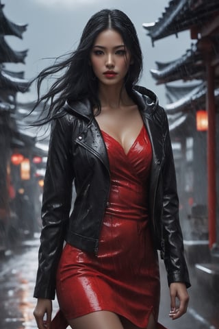A captivating, fantasy portrait of a confident woman standing tall in the rain, exuding an enigmatic aura. She dons a black leather jacket, a red dress, and high black boots, with dark eyes and flowing loose black hair cascading down the left side of the canvas ink splash art piece featuring a strong female figure clad in a fiery red dress and a black hooded leather jacket. The contours of her face and body are boldly defined by expressive, sharply etched strokes, creating a striking contrast to her vibrant attire. The background is a whirlwind of turbulent energy, with a stormy sky and sea displaying stark lines and vivid hues. Waves crash dramatically against the shore, and the woman stands unwavering, embodying resilience, determination, and inner strength amidst the chaotic environment, ukiyo-e, dark fantasy, cinematic, poster, painting, photo, architecture, product, wildlife photography, typography, 3d render, illustration, vibrant, anime, conceptual art, graffiti, fashion, portrait photography.
