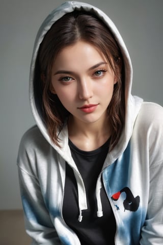 ((masterpiece)), ((best quality)), (((photo Realistic))), (3/4 portrait photo), (8k, RAW photo, best quality, masterpiece:1.2), gorgeous female wearing hoodie, (((bent over))), downblouse, smile, extended downblouse, attractive, flirting, (((upper body visible))), looking at viewer, portrait, photography, detailed skin, realistic, photo-realistic, 8k, highly detailed, full length frame, High detail RAW color art, diffused soft lighting, shallow depth of field, sharp focus, hyperrealism, cinematic lighting, 