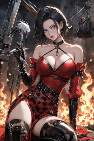 A captivating and unique illustration of a buxom woman with short black hair and a blue eye, posing seductively with a knee on the ground. She wears a short black-and-white checkered skirt with a thigh-high slit, a deep-neck red top, and numerous gothic accessories. The woman holds a crane in her hand, which adds an intriguing touch to the scene. The background is clean and white, allowing the focus to be on the character's striking appearance and pose. Her style and vibe resemble Cassie Hack, a popular character from the comic series 'Hack/Slash'.,fire element