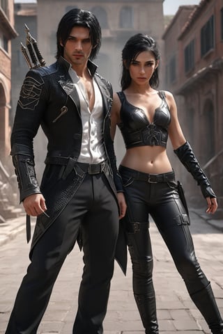 ((masterpiece)), ((best quality)), (((photo Realistic))), Gorgeous, beautiful, handsome, stylish Assassin Couple, back to back, fighting to each other, modern tight sexy clothes, young, gorgeous mysterious faces, black hair, dynamic kicking pose, ultra intricate, extra-detailed, high resolution, high detail, high complexity, hdr resolution, extremely detailed, 8k, unreal engine, dynamic pose, two-piece crochet outfit, tie wear, gleaming magical daggers, casting powerful tricky move, ethereal form, very realistic,xxmix_girl