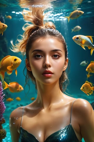 ((masterpiece)), ((best quality)), (((photo Realistic))), (3/4 portrait photo, low angle view:1.2), (8k, RAW photo, best quality, masterpiece:1.2), (realistic, photo-realistic:1.3), ultra-detailed, full body. A mesmerizing cinematic photograph of a radiant young woman. A young woman swims underwater in a crystal clear river, surrounded by colorful fish and aquatic plants. Detailed water droplets on fair skin. The sun's rays penetrate the water, creating a magical play of light and shadow. The woman's facial expression shows a mixture of calm and longing as she dives deeper into the underwater world, searching for inner peace and a sense of belonging.,photo r3al,more detail XL