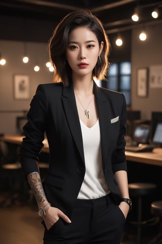 A stunning fashionable and confident young woman, half-turned, embodying the essence of a modern voice-over artist. Her chic outfit, featuring a sleek blazer and form-fitting pants, is accentuated by a distinctive "VII" tattoo on her ankle. Surrounding her is a sleek, state-of-the-art studio, adorned with the "VII Labs" logo as its focal point, representing a sanctuary of sound and innovation. The cinematic lighting and atmosphere exude an aura of professionalism and creativity, cinematic, 
