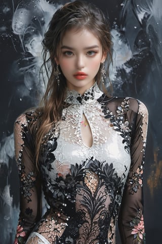Elegant young beauty top model in designer dress
Digital painting, Contemporary, Intricate composition, advant-grade, bold designed, hole suit, white transparent dress with intricate details, dark background, modern digital art, professional quality, photo, fashion